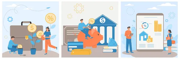 Literacia Financeira Conjunto Com Símbolos Poupança Dinheiro Plana Ilustração Vetorial —  Vetores de Stock
