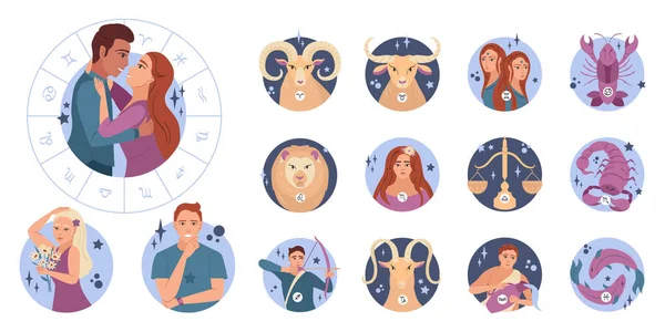 Horoscope Ensemble Plat Icônes Avec Signes Zodiaque Étreinte Couple Isolé — Image vectorielle