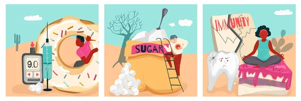 Suikerverslaving Platte Set Van Drie Vierkante Composities Met Woestijn Landschappen — Stockvector