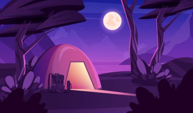Kamp gece kompozisyonu. Açık hava manzarası ve gece vahşi manzarası. Çadır vektör illüstrasyonundan ışık geliyor.