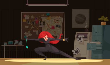 Süper ajan karikatür posteri ve güzel bir kadın suikastçı resmi.