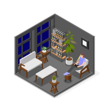 Güç kesintisi izometrik kompozisyonu. Koltukta oturan ve el feneriyle kitap okuyan kadın. Alnına illüstrasyon monte edilmiş.