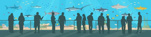 Sharks in oceanarium flat composition with horizontal view of big aquarium with underwater fishes and people vector illustration