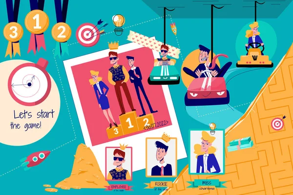 Gamification Business Flache Collage Komposition Mit Figuren Von Mitarbeitern Die — Stockvektor
