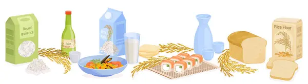 Ρύζι Προϊόντα Επίπεδη Σύνθεση Άποψη Των Συσκευασιών Προϊόντων Μπουκάλια Ποτά — Διανυσματικό Αρχείο