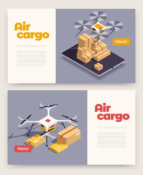 Banner Isométrico Carga Aérea Con Drones Que Entregan Cajas Cartón — Vector de stock