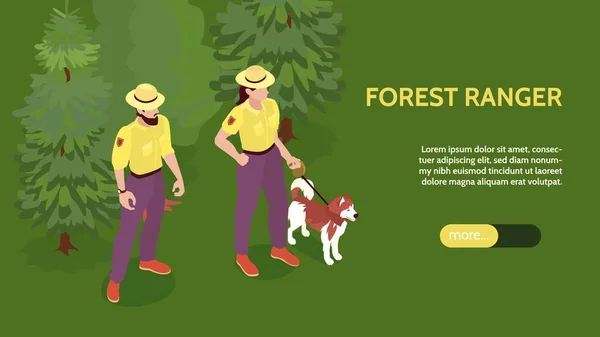 Banner Horizontal Ranger Floresta Isométrica Com Composição Árvores Pessoas Uniforme — Vetor de Stock