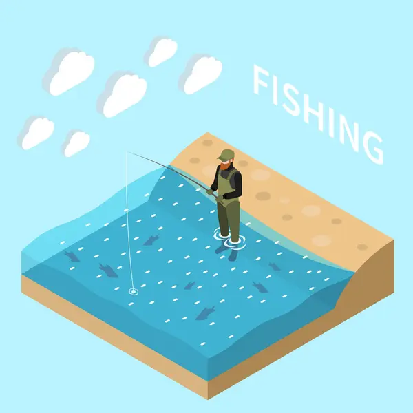 Αλιεία Ψαράς Ισομετρικό Χρώμα Και Απομονωμένη Έννοια Άνθρωπος Αλιεία Στην — Διανυσματικό Αρχείο