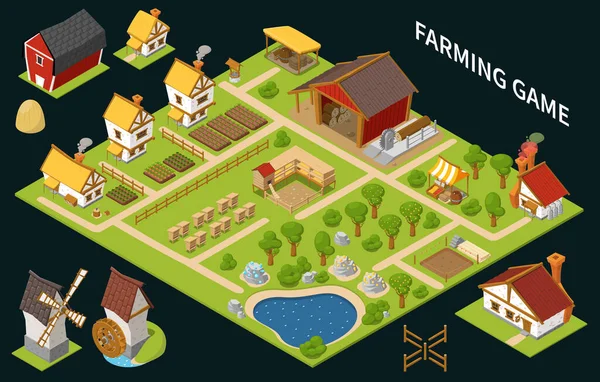養殖ゲームの見出しを持つ着色されたアイソメトリックゲームコンセプト 木や異なる建物のベクター図 — ストックベクタ