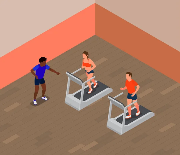 People Running Treadmill Gym Isometric Composition Vector Illustration — Stock Vector
