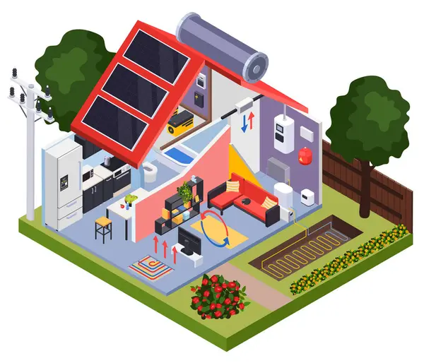スマートな効率的な暖房および冷却の気候システムは家の太陽電池および蛇行パイプのベクトル イラストが付いている幾何学組成です — ストックベクタ