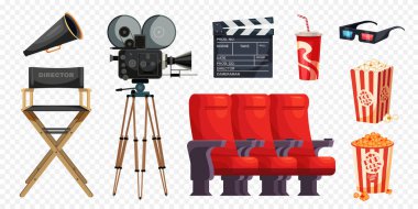 Sinema filmi objeleri düz sette kameralı koltuklar aperatifler 3D gözlükler yönetmen koltuğu megafon alkışlar şeffaf arka plan izole edilmiş vektör ilülasyonu