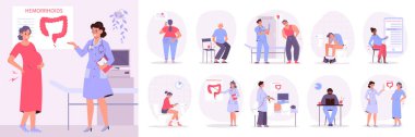Hemoroit hastalığının düz kompozisyonu, hastaların ve doktorların insan karakterleri ile izole edilmiş vektör çizimi.