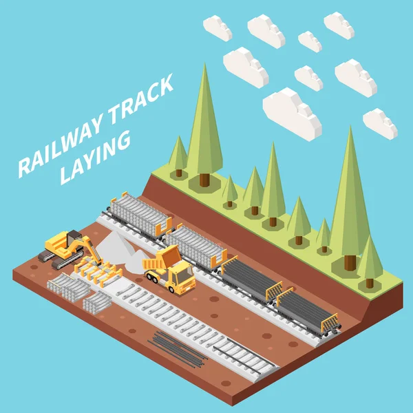 基于蓝色背景的铁路建筑和轨道敷设场地等距构图3D矢量图 — 图库矢量图片