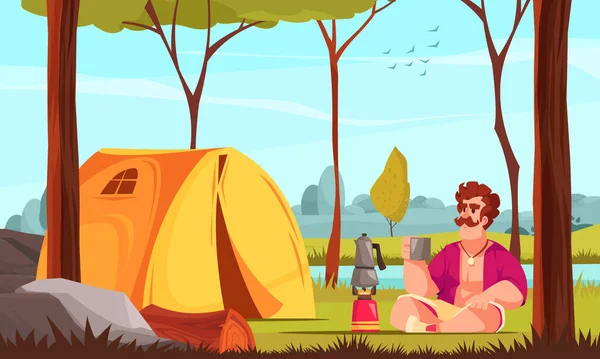 Campeur Mâle Buvant Thé Chaud Près Tente Jaune Camping Illustration — Image vectorielle