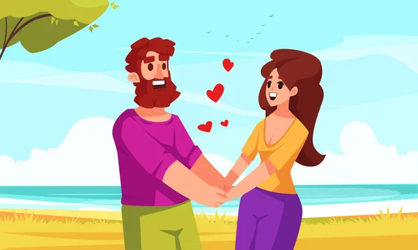 手を握っている幸せな男性と女性の漫画のキャラクターとの私のバレンタインフラットベクターのイラスト — ストックベクタ