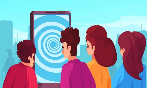 ゲームフラットベクターイラストで大きなスマートフォン画面を見ている若者のグループとのガジェット中毒抽象構成 — ストックベクタ
