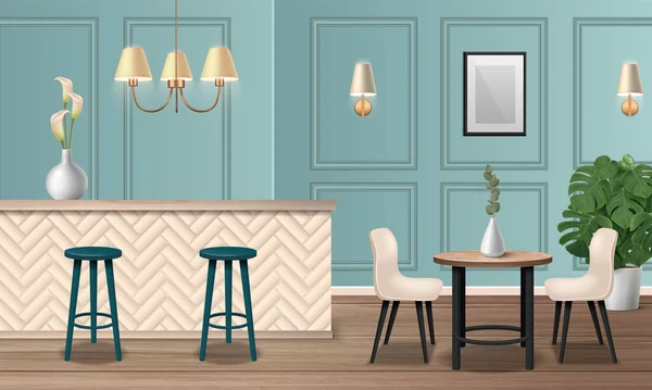 Komposisi Realistis Interior Kafe Dengan Gambar Vektor Furnitur Restoran - Stok Vektor