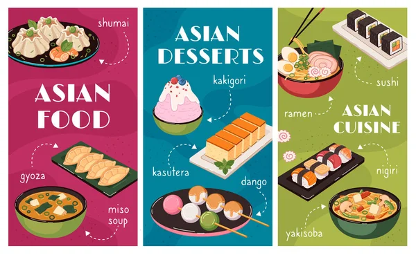 Asiatiska Mat Platta Kompositioner Som Med Sushi Och Dumplings Vektor — Stock vektor
