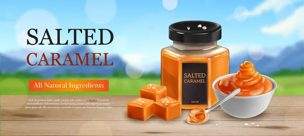 Banner Anúncio Horizontal Caramelo Salgado Com Doces Toffee Quadrados Caramelo — Vetor de Stock
