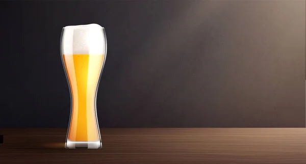 Studené Pivo Realistická Kompozice Tmavým Pozadím Dřevěný Stůl Sklenicí Piva — Stockový vektor