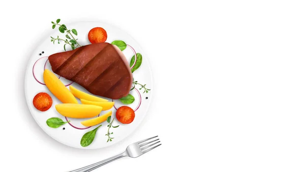 烤肉写实主义配料 与牛排蔬菜和叉子向量图隔离的上视图 — 图库矢量图片