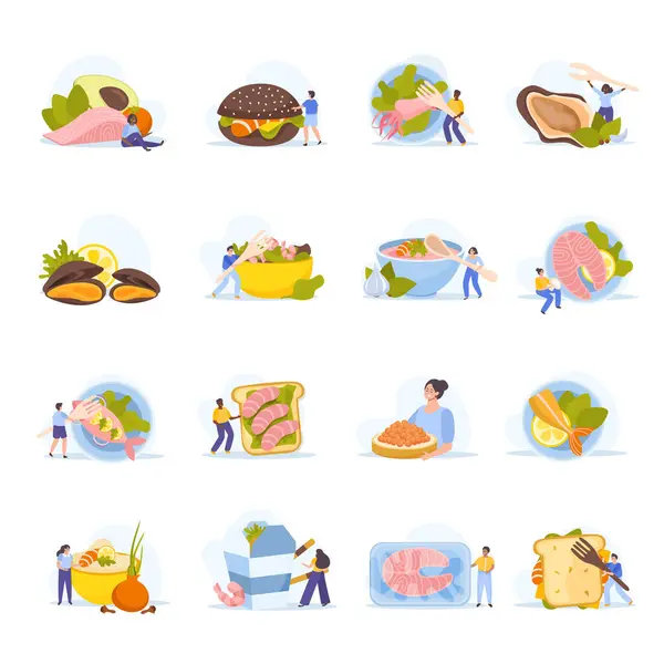 Fruits Mer Icônes Plates Serties Aliments Frais Bio Alimentation Illustration — Image vectorielle