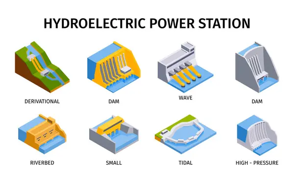 Conjunto Centrales Hidroeléctricas Isométricas Iconos Aislados Con Presa Fluvial Edificios — Vector de stock