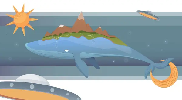 Teori Bumi Komposisi Datar Dengan Ikan Paus Mengambang Dengan Pegunungan - Stok Vektor