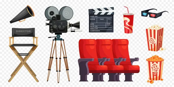 Cinema Film Maken Objecten Flat Set Met Camera Zetels Snacks — Stockvector