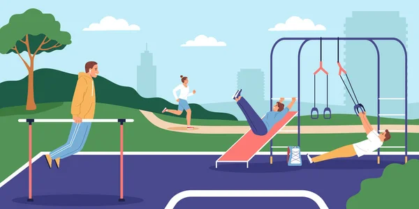 Pessoas Fazendo Exercícios Jogging Parque Cidade Ilustração Vetorial Plana — Vetor de Stock