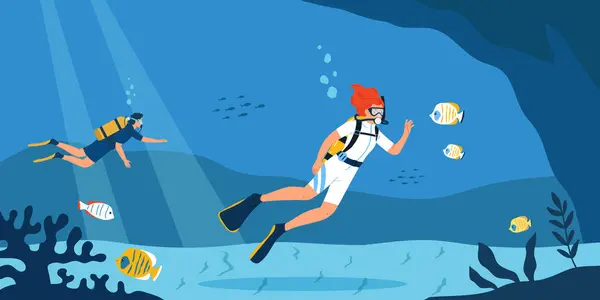 People Doing Water Sport Scuba Diving Watching Fish Underwater Flat — Stock Vector