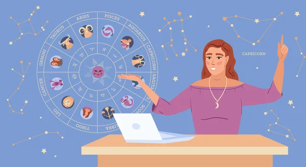 Vrouwelijke Astroloog Casting Horoscoop Laptop Tegen Blauwe Achtergrond Met Dierenriem — Stockvector
