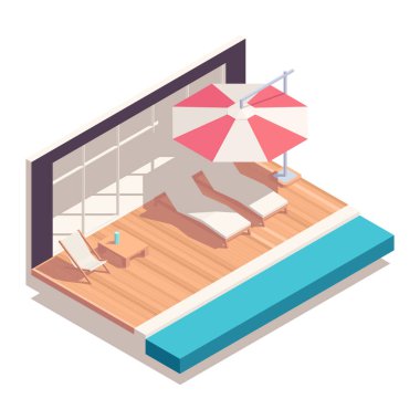 Yüzme havuzu vektör illüstrasyonunun yanında şezlongların altında olduğu sokak kafesi izometrik kavramı