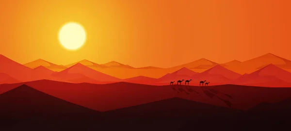 Desert Καμήλες Σύνθεση Οριζόντιο Τοπίο Του Ηλιοβασιλέματος Στην Άμμο Σιλουέτες — Διανυσματικό Αρχείο