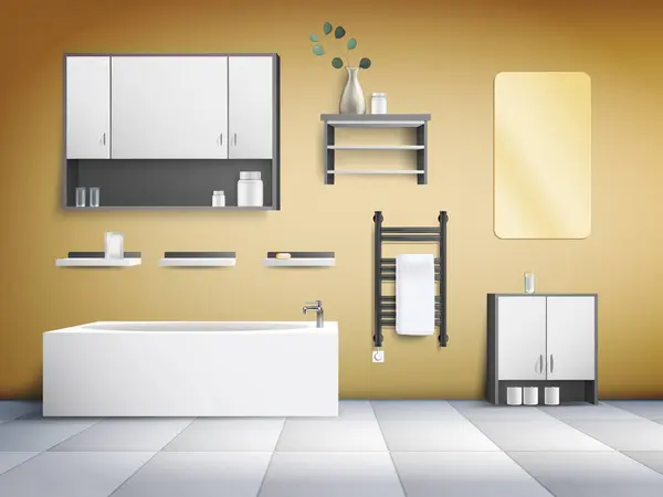 现实的现代浴室内部 简约风格 浴室柜镜像电热毛巾轨道黄色墙壁背景图 — 图库矢量图片