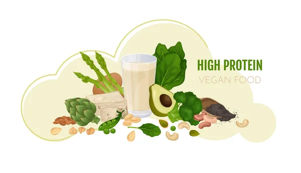 Vegan Protein Food Composition Editable Text Pile Cashew Nuts Avocado — Stock Vector