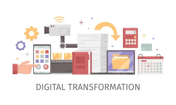 Cyfrowa Transformacja Płaska Koncepcja Cyfryzacją Procesów Biznesowych Wektor Ilustracji — Wektor stockowy