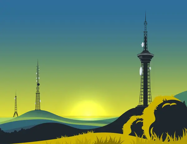 通信塔景观构图与日落风景清澈的天空及远山云图上的现代电信塔 — 图库矢量图片