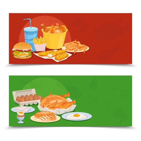 鸡饲料扁平套套 两面横幅 附有家庭及速食饭盒图像图解 — 图库矢量图片