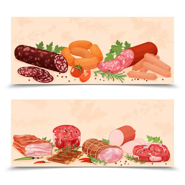 Vleeswaren Vlakke Set Van Twee Horizontale Spandoeken Met Groene Kruiden — Stockvector