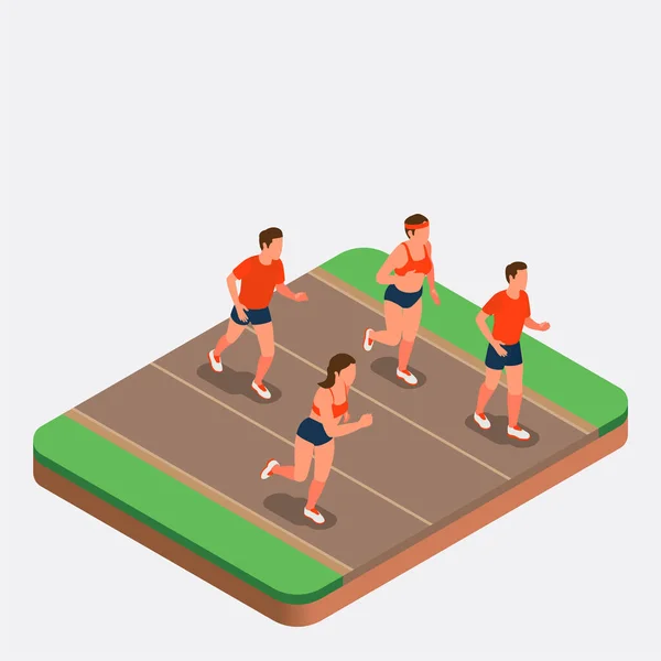 Τρέχοντας Άνθρωποι Άνδρες Και Γυναίκες Που Συμμετέχουν Μαραθώνιο Ισομετρική Σύνθεση — Διανυσματικό Αρχείο
