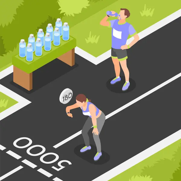 Marathonläufer Isometrischer Hintergrund Mit Athleten Die Wasser Trinken Und Puls — Stockvektor