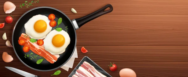 Breakfast Realistic Composition Frying Pan Dark Wooden Table Background Top — Stock Vector