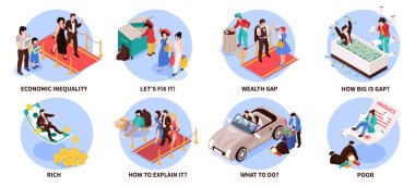 Set of isolated circle compositions with isometric gap between rich and poor people icons text captions vector illustration clipart