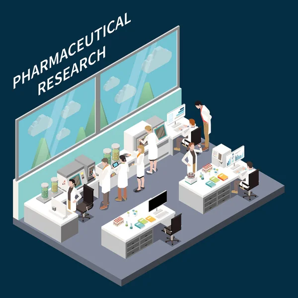Research Development Isometric Concept Engineers Pharmaceutical Lab Vector Illustration — Stock Vector