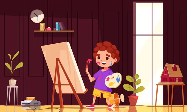 Children Creative Hobbies Poster Happy Boy Drawing Picture Vector Illustration — Stock Vector