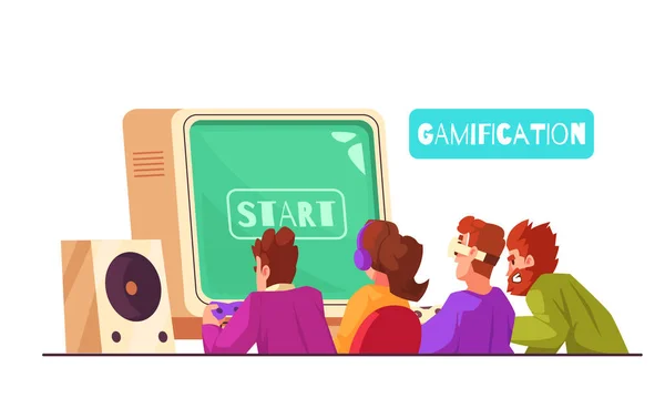コンピュータベクトルイラストで遊ぶ人々のグループとのGamification漫画コンセプト — ストックベクタ