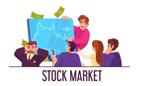 Aktiemarknaden Tecknad Sammansättning Med Människor Tittar Handel Diagram Vektor Illustration — Stock vektor