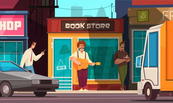 ストリートミュージシャン漫画コンセプト男がギターを演奏するアウトドアベクターイラスト — ストックベクタ